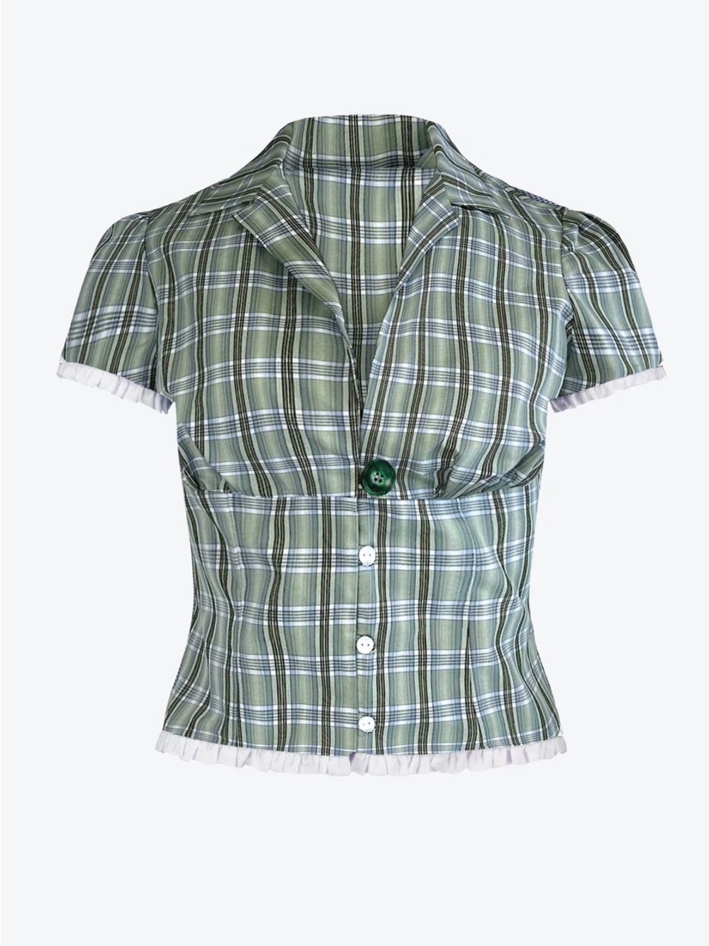 Mode Mischief Vivienne Green Plaid Short-Sleeve Button Front Top Size S